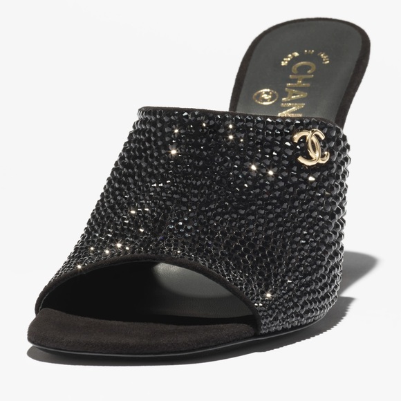 CHANEL Black Heeled Mules with Gold Accents - Picture 2 of 6